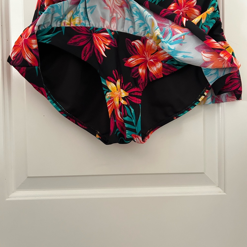 Tropical Escape Black One-Piece Swimsuit with Pink, Red and Yellow Floral Print - Picture 4 of 11